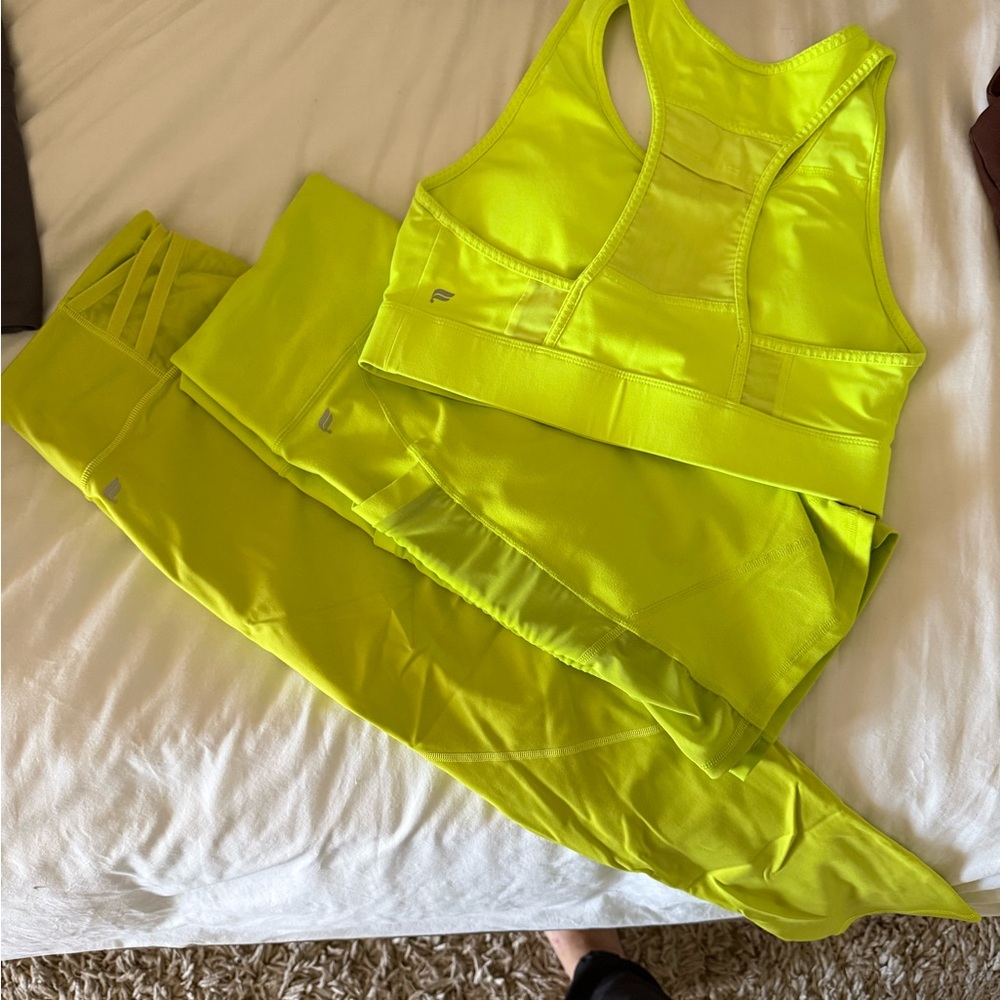 Fabletics Neon Yellow Leggings, Bike Short, and Sports Bra Sz M